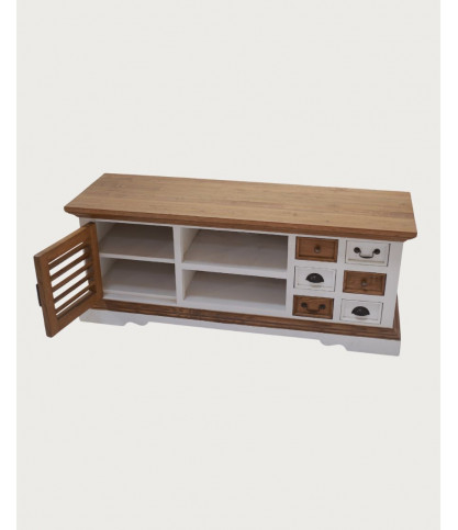 Inda - TV Ständer aus massivem Sungkai Holz, weiß und natur, 140 cm