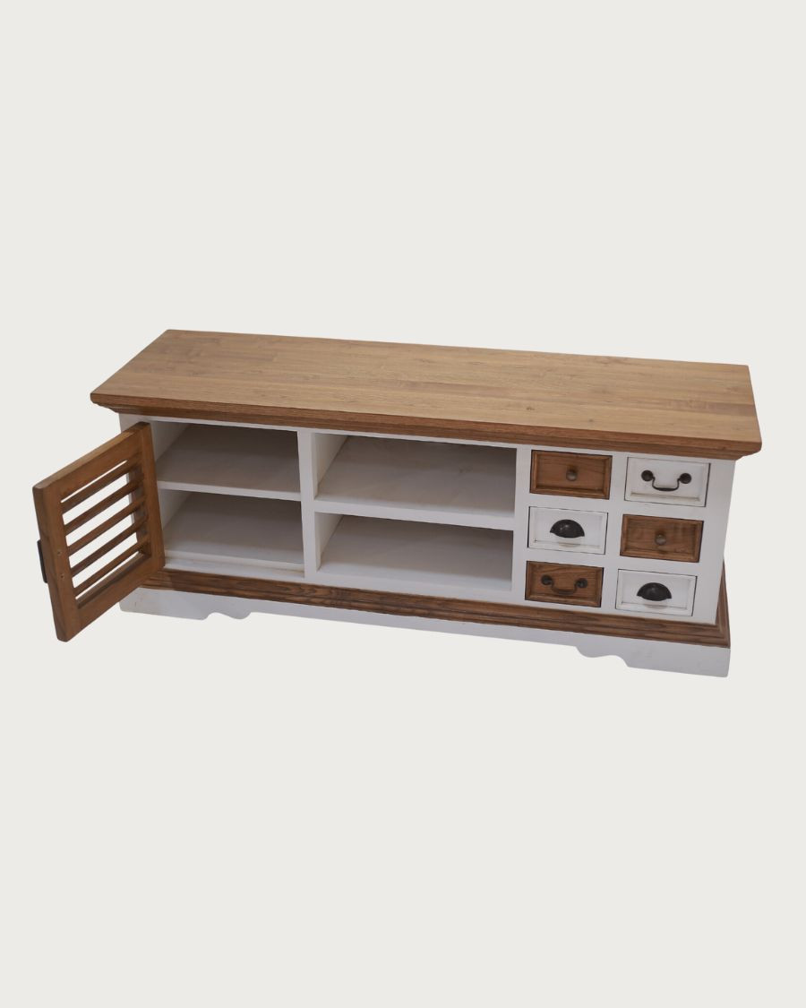 Inda - TV Ständer aus massivem Sungkai Holz, weiß und natur, 140 cm