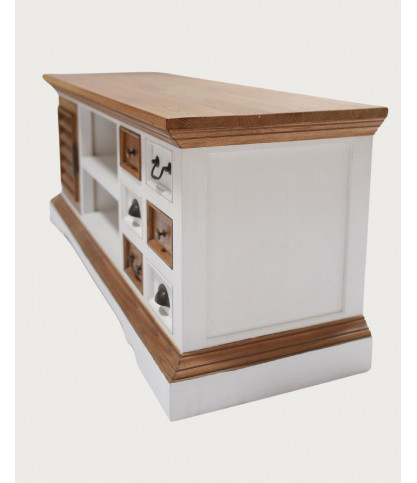 Inda - TV Ständer aus massivem Sungkai Holz, weiß und natur, 140 cm