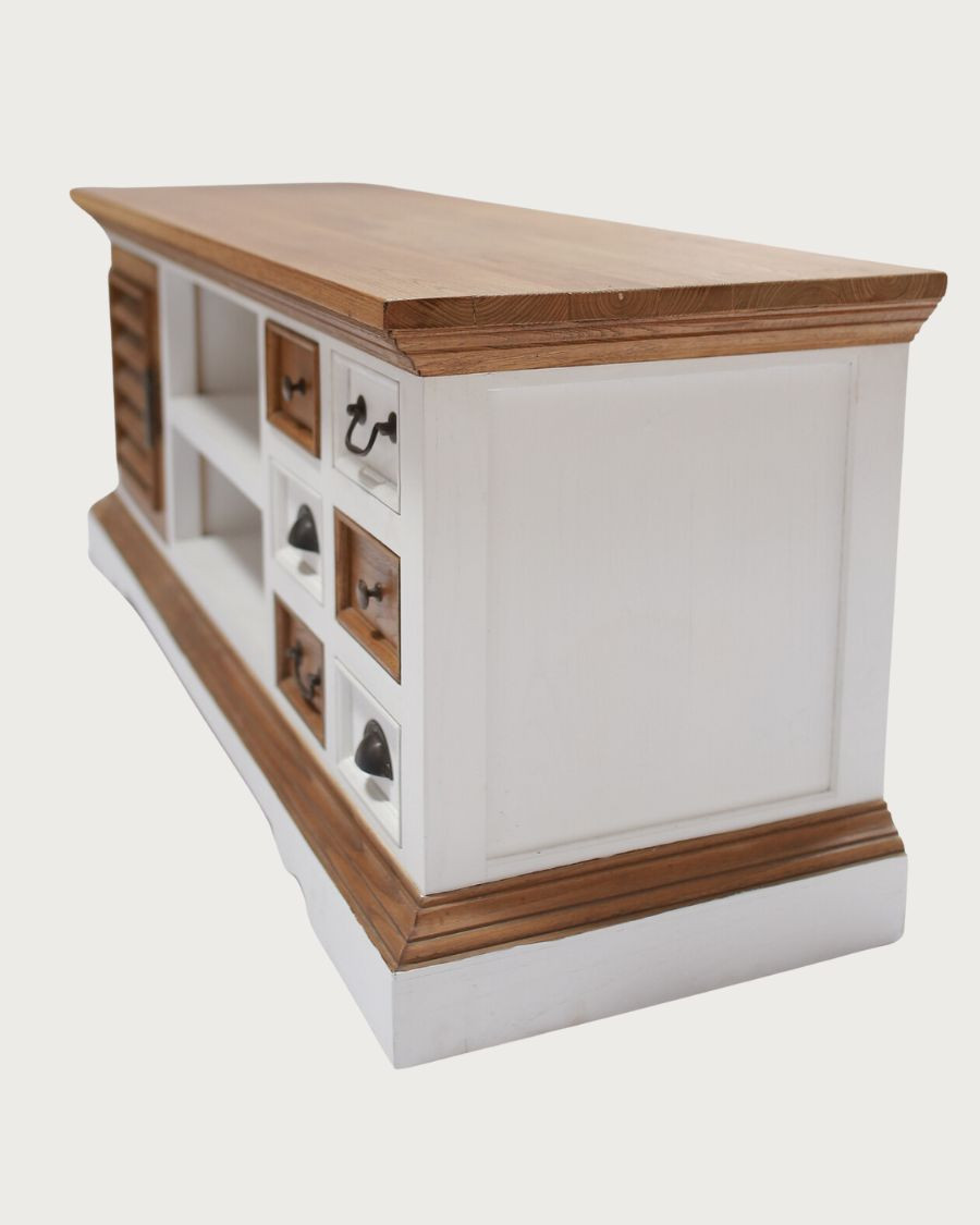 Inda - TV Ständer aus massivem Sungkai Holz, weiß und natur, 140 cm