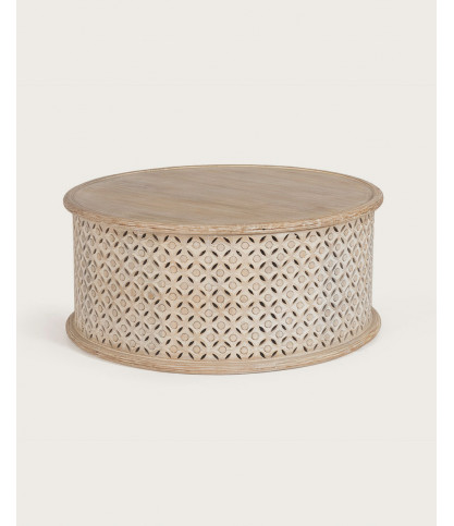 Mesa de centro redonda Orient en madera maciza tallada.