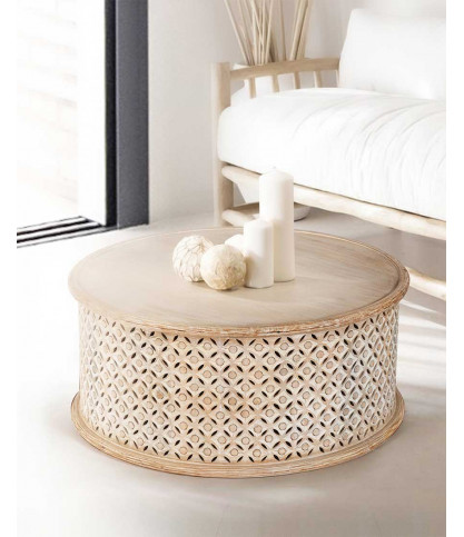 Tavolino rotondo in legno massello intagliato, stile Orient.