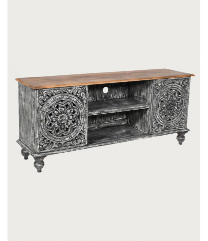 Lotus - Meuble TV cérusé en bois massif de manguier 150 cm