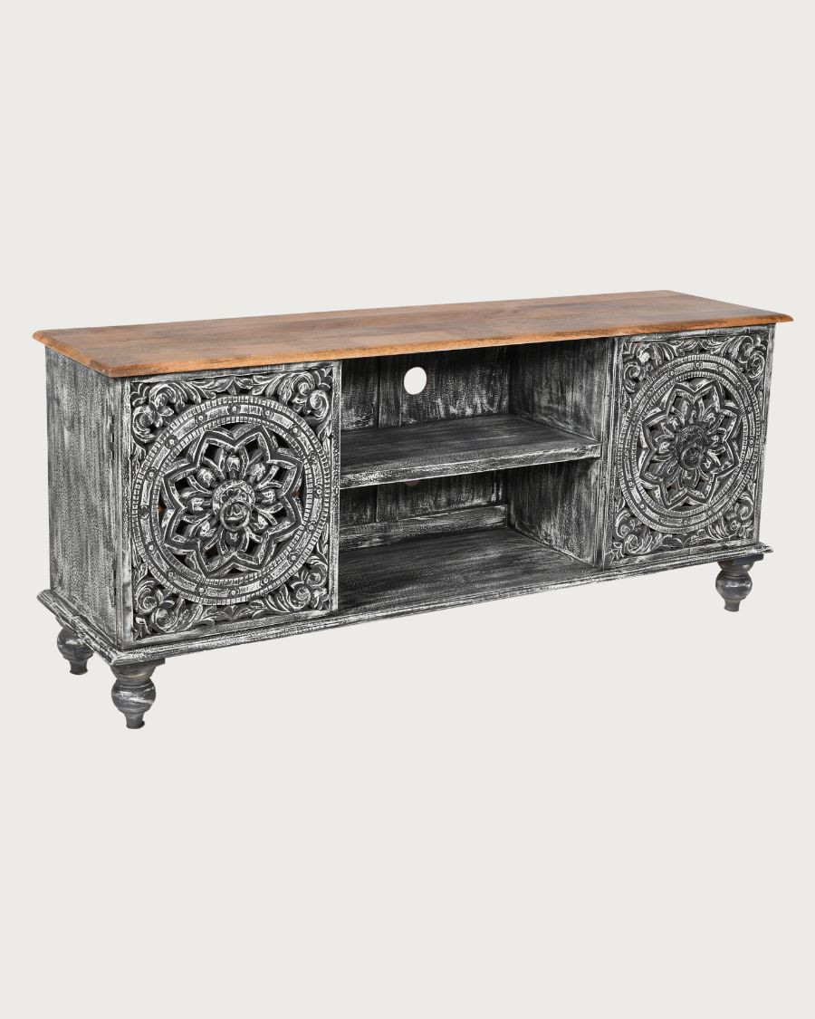 Lotus - Limed TV stand in solid mango wood, 150 cm