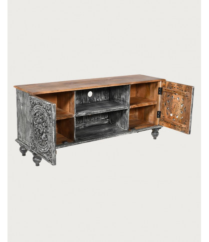 Lotus - Meuble TV cérusé en bois massif de manguier 150 cm
