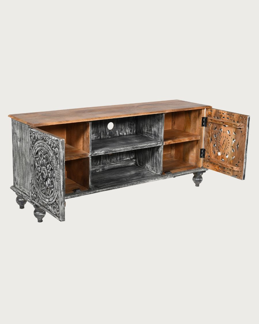 Lotus - Meuble TV cérusé en bois massif de manguier 150 cm