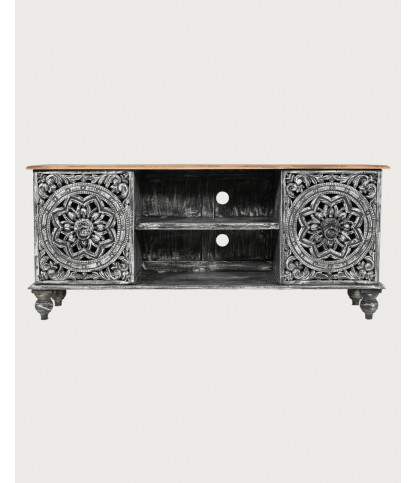 Lotus - Meuble TV cérusé en bois massif de manguier 150 cm
