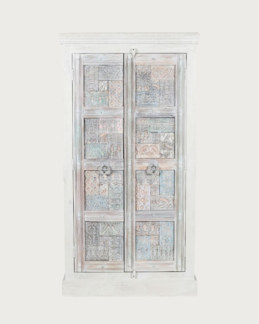 Viva - Armoire 2 portes en bois massif de manguier sculptée