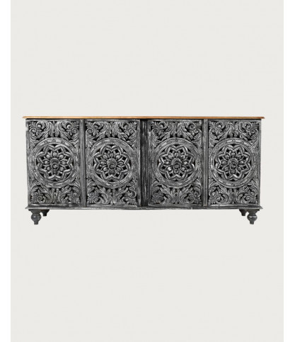 Lotus – Großes, schwarz gekalktes Sideboard aus massivem, geschnitztem Mangoholz, 180 cm