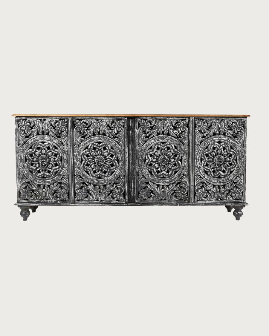 Lotus - Grand buffet noir en manguier massif sculpté 180 cm