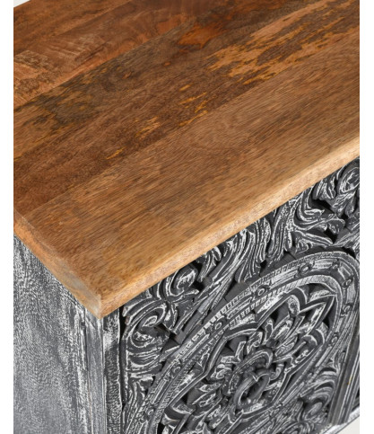 Lotus – Großes, schwarz gekalktes Sideboard aus massivem, geschnitztem Mangoholz, 180 cm