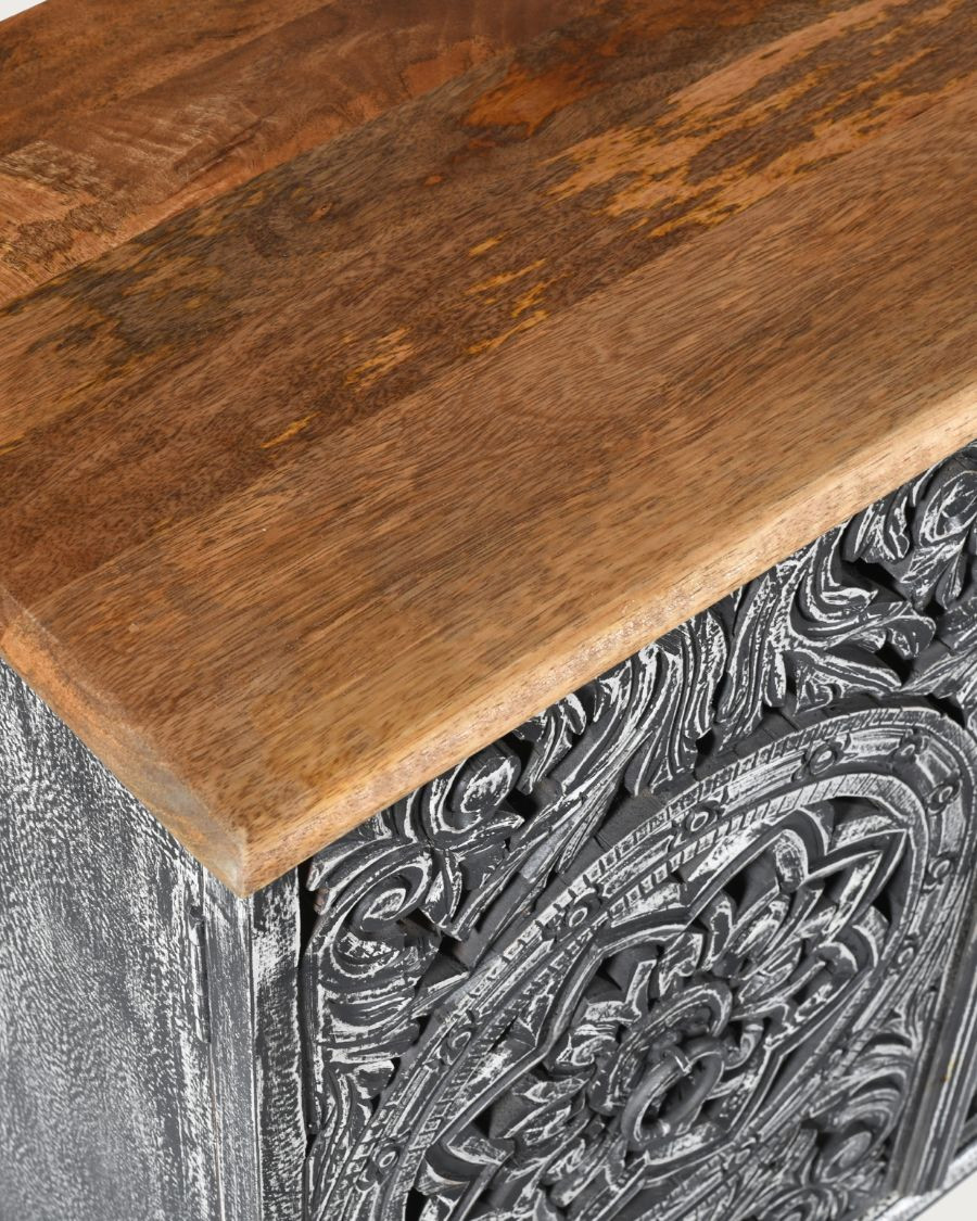 Lotus - Aparador grande de madera maciza de mango tallada, con acabado negro blanqueado, 180 cm