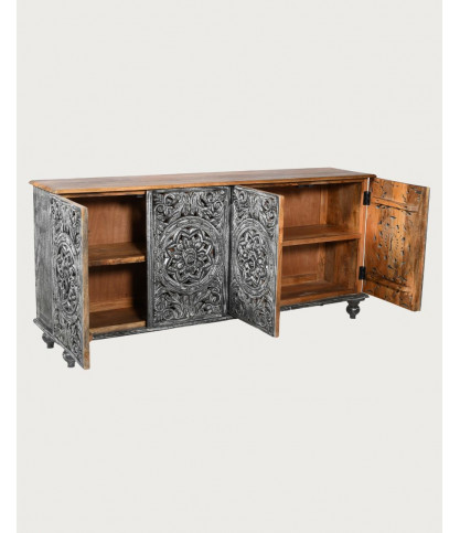Lotus - Large black cerused sideboard in solid carved mango wood, 180 cm