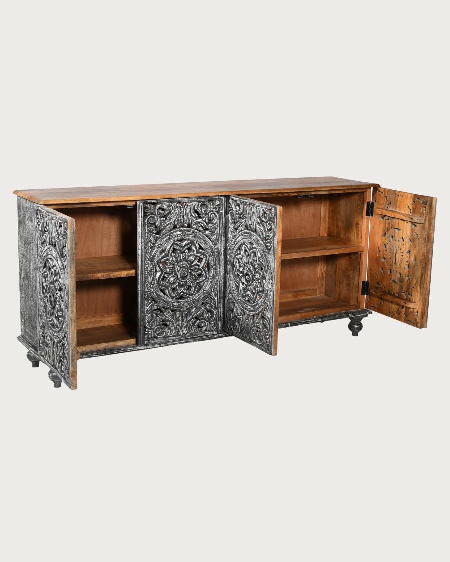 Lotus - Grand buffet noir en manguier massif sculpté 180 cm