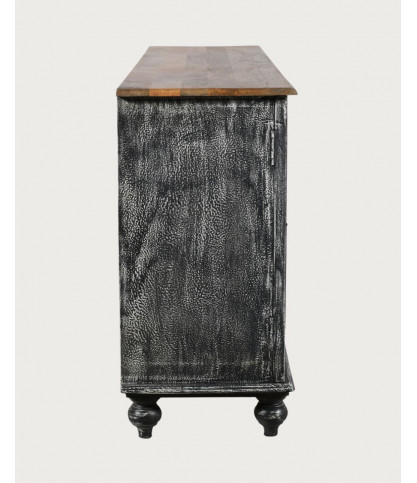 Lotus - Grand buffet noir en manguier massif sculpté 180 cm