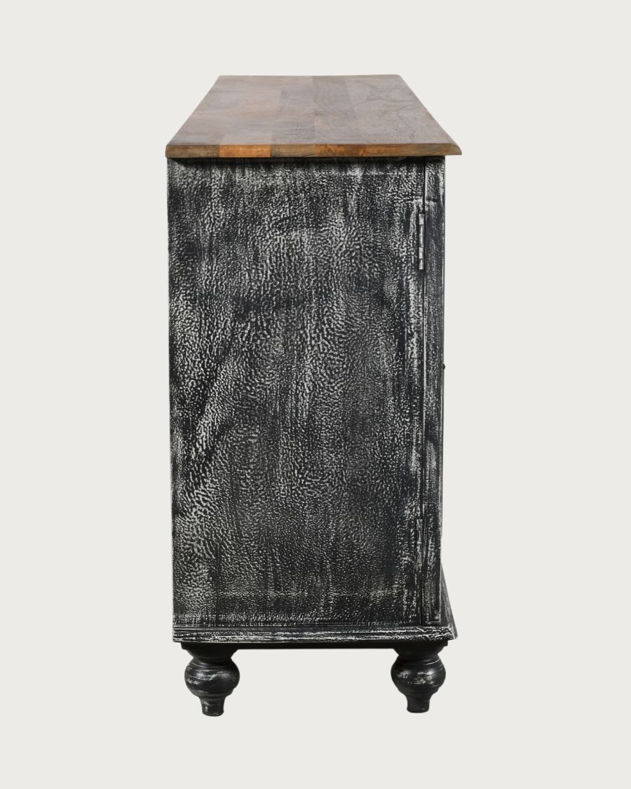 Lotus - Grand buffet noir en manguier massif sculpté 180 cm