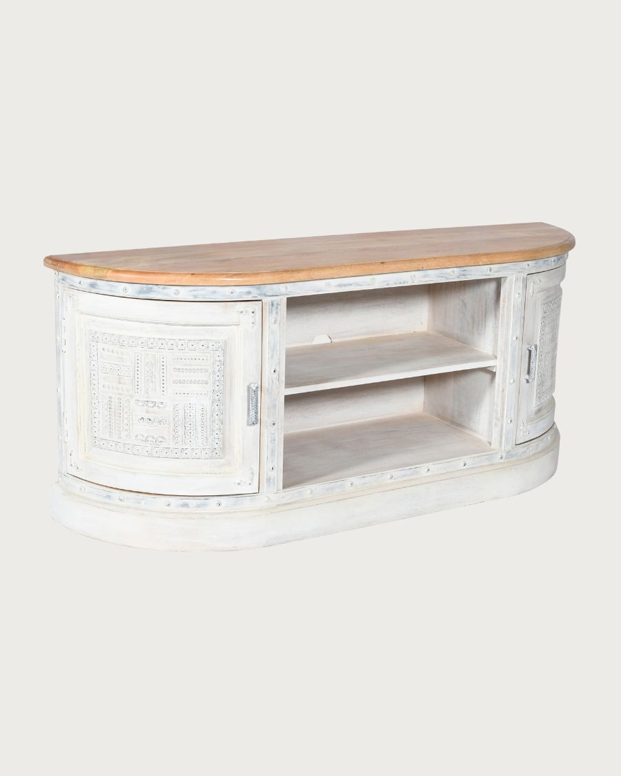 Argo - Mobile porta TV in legno massello di mango intagliato, 150 cm