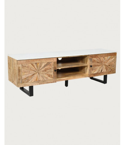 Sunet - Meuble TV en bois massif et marbre blanc 160 cm