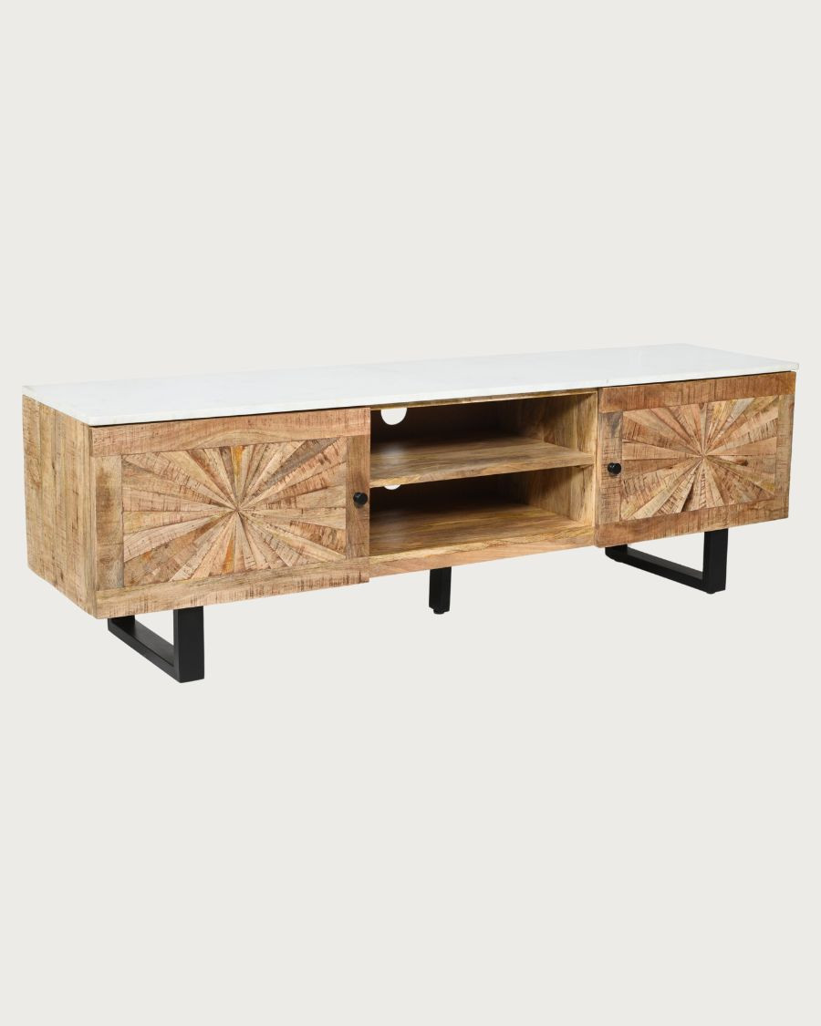 Sunet - Mobile porta TV in legno massello di mango e marmo bianco, 160 cm