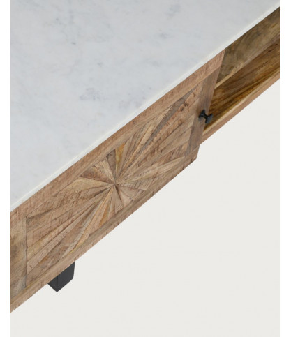 Sunet - Mobile porta TV in legno massello di mango e marmo bianco, 160 cm