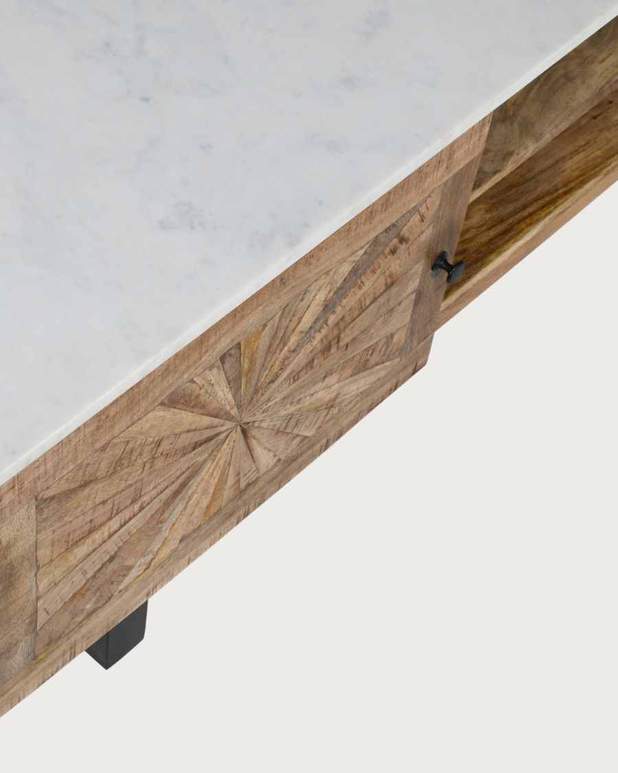Sunet - Meuble TV en bois massif et marbre blanc 160 cm