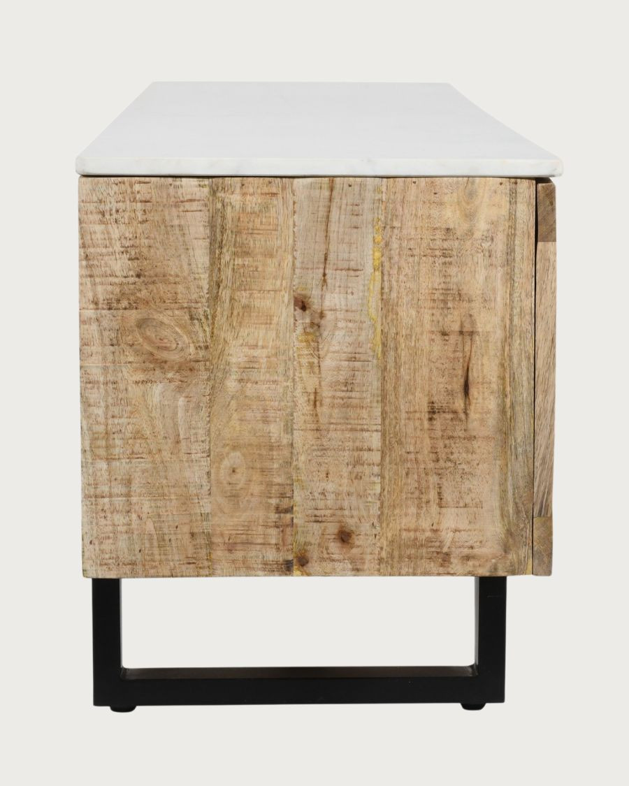 Sunet - TV stand in solid mango wood and white marble, 160 cm