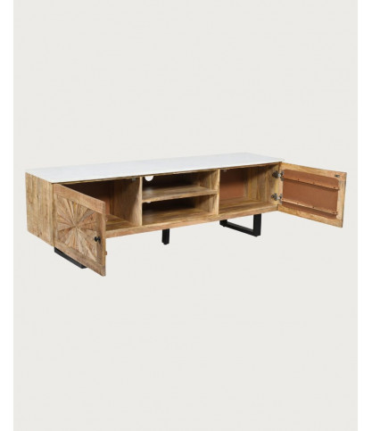 Sunet - TV stand in solid mango wood and white marble, 160 cm