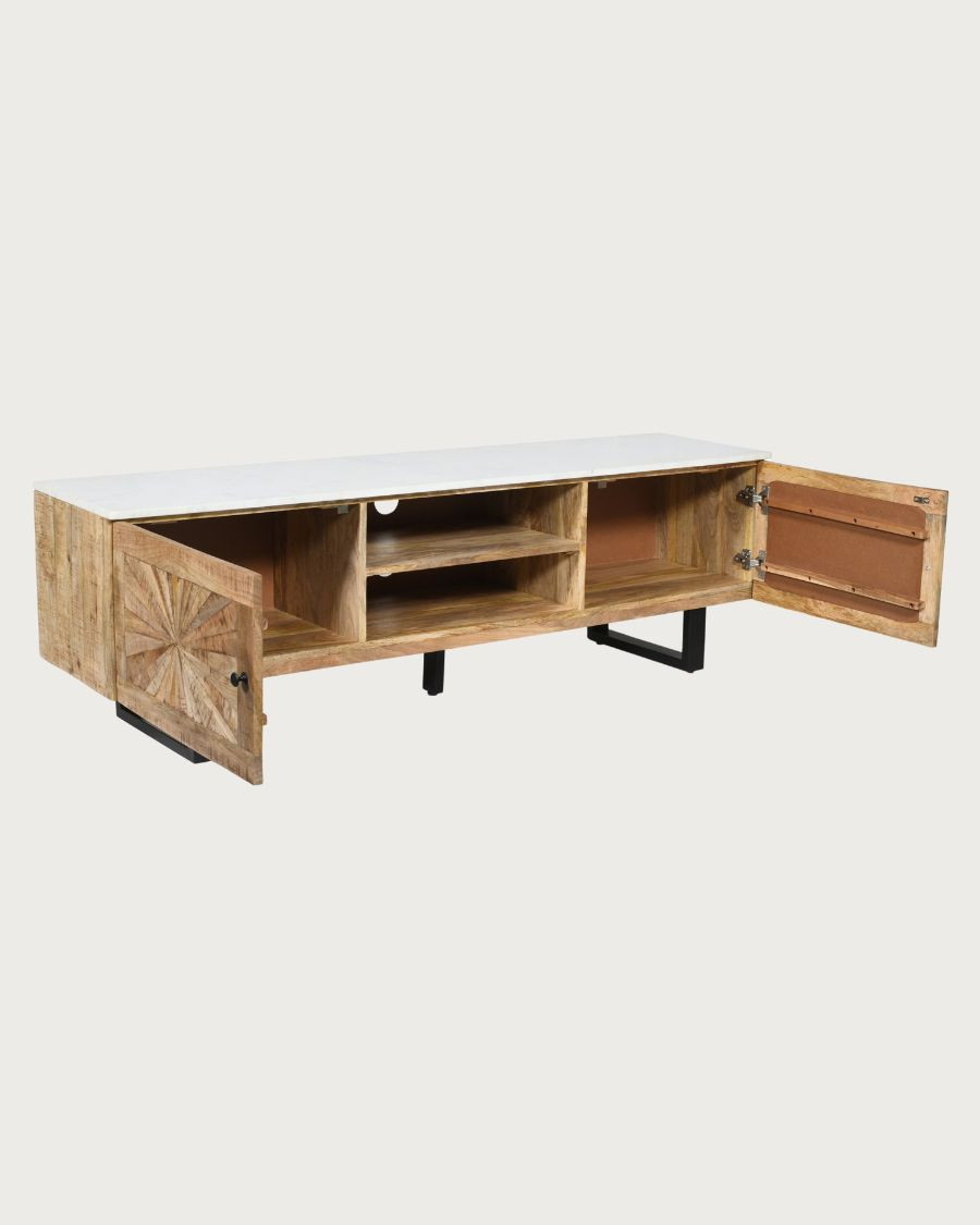Sunet - Meuble TV en bois massif et marbre blanc 160 cm