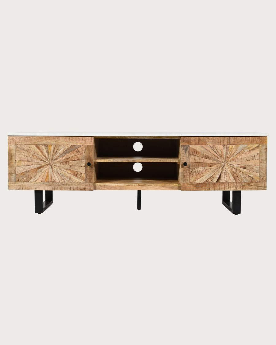 Sunet - Mobile porta TV in legno massello di mango e marmo bianco, 160 cm