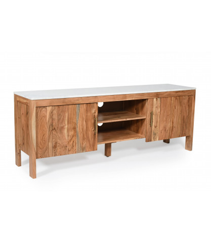 Moko - Meuble TV en bois massif et marbre blanc