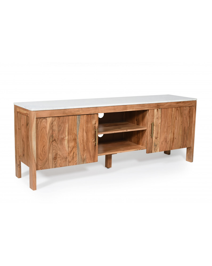 Moko - Meuble TV en bois massif et marbre blanc