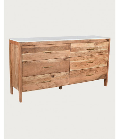 Havena - Buffet bas en bois massif et marbre blanc 173 cm