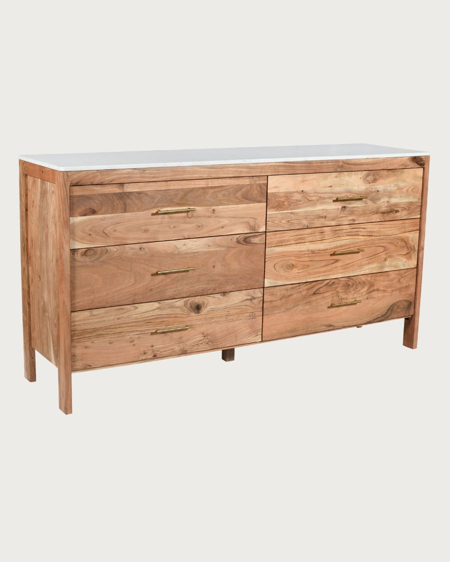 Havena - Buffet bas en bois massif et marbre blanc 173 cm