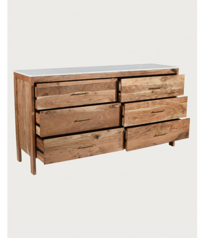 Havena - Buffet bas en bois massif et marbre blanc 173 cm