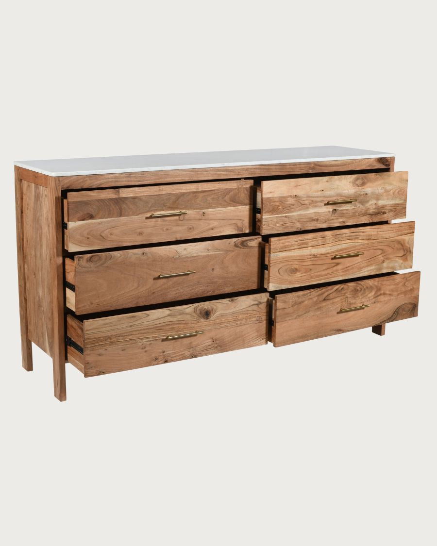 Havena - Buffet bas en bois massif et marbre blanc 173 cm