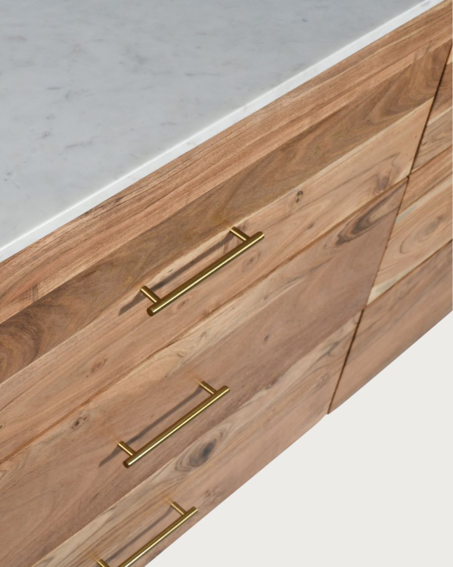 Havena - Buffet bas en bois massif et marbre blanc 173 cm