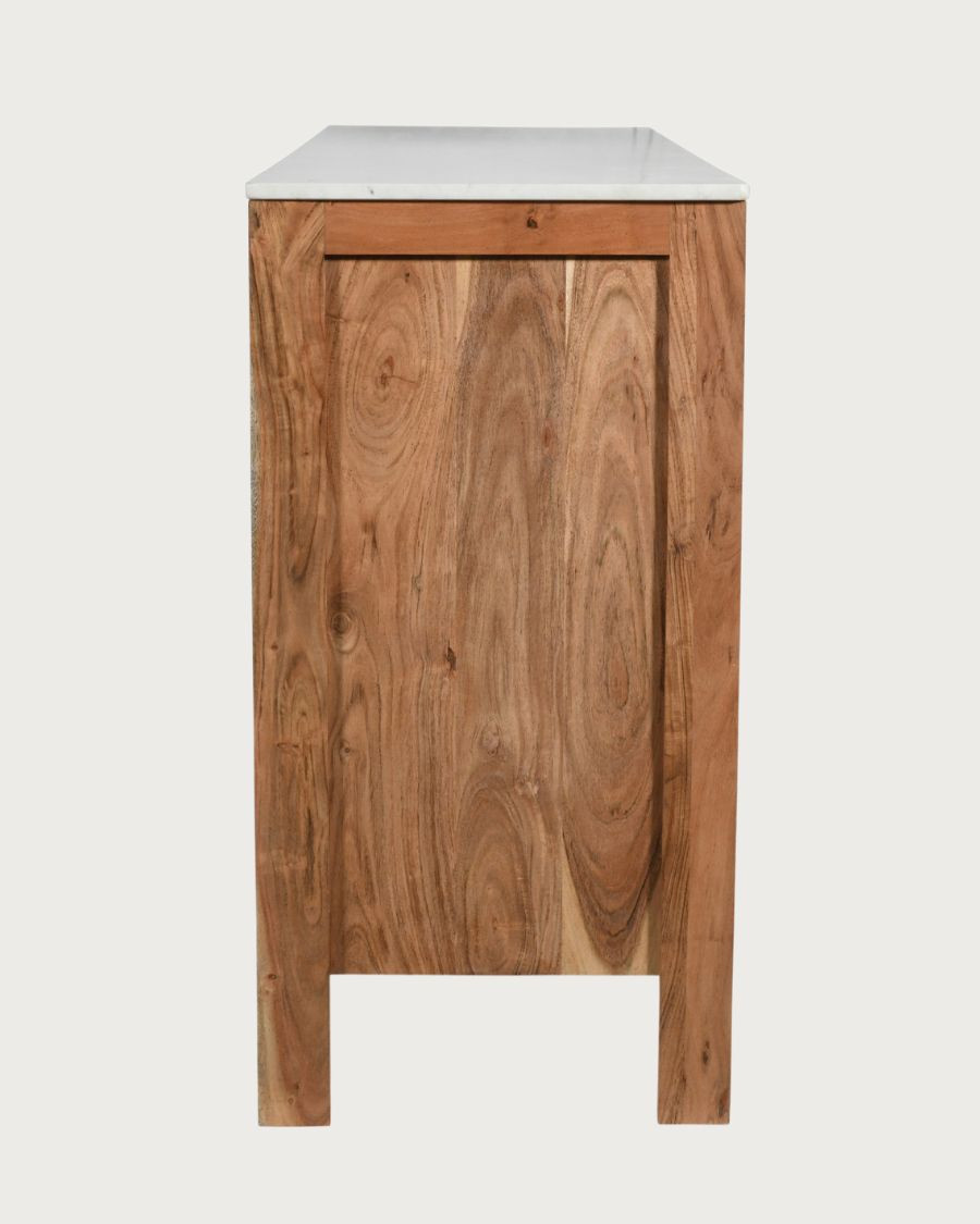 Havena - Buffet bas en bois massif et marbre blanc 173 cm