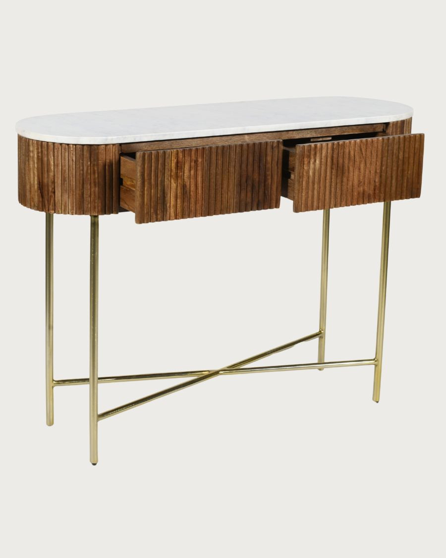 Céline - Konsole aus massivem Mangoholz und weißem Marmor 100 cm