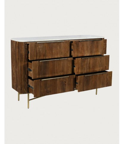 Céline - Cassettiera in legno massello di mango e marmo bianco, 133 cm
