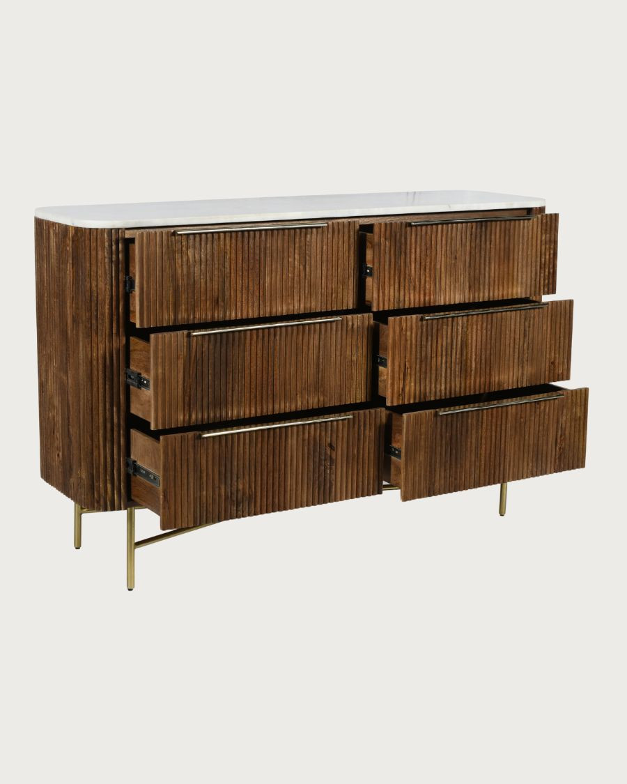Céline – Kommode aus massivem Mangoholz und weißem Marmor, 133 cm