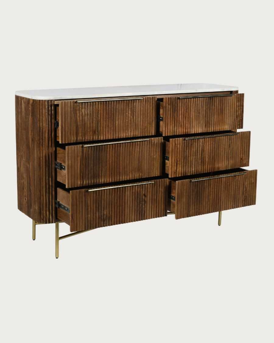Tana - Chest of drawers in solid mango wood and white marble, 133 cm