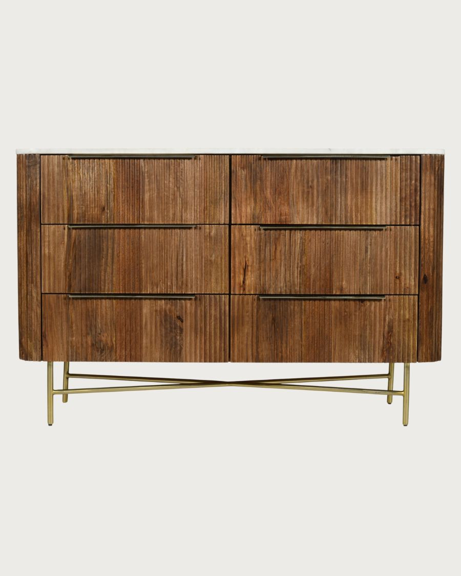 Céline - Cassettiera in legno massello di mango e marmo bianco, 133 cm