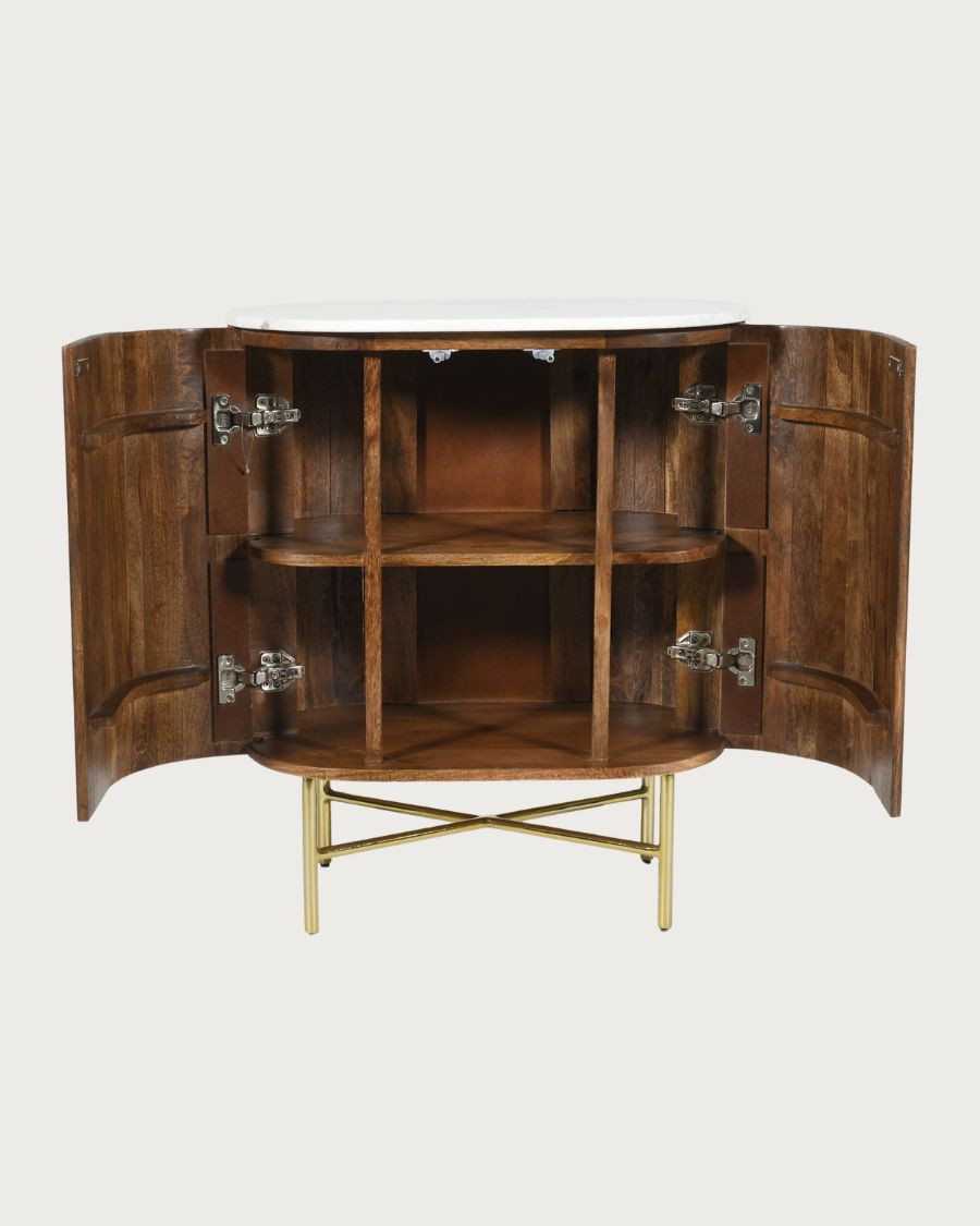 Céline - Buffet 2 portes en bois de manguier massif et marbre blanc 65 cm