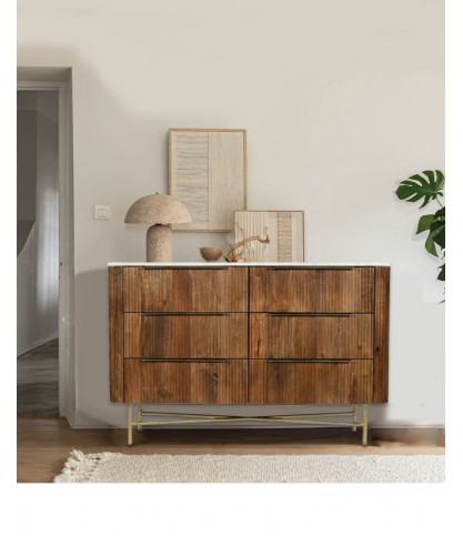 Céline - Cassettiera in legno massello di mango e marmo bianco, 133 cm