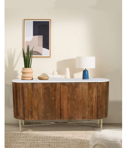 Céline - buffet en bois de manguier massif et marbre blanc 133 cm