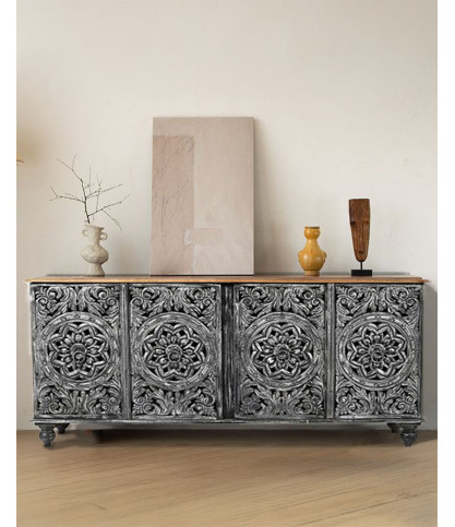 Lotus - Grand buffet noir en manguier massif sculpté 180 cm
