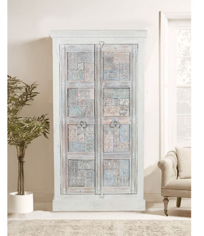 Viva - Armoire 2 portes en bois massif de manguier sculptée