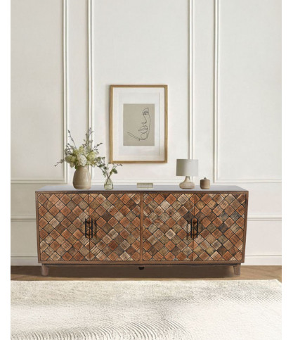 Argylle - Solid wood low sideboard with metal motif