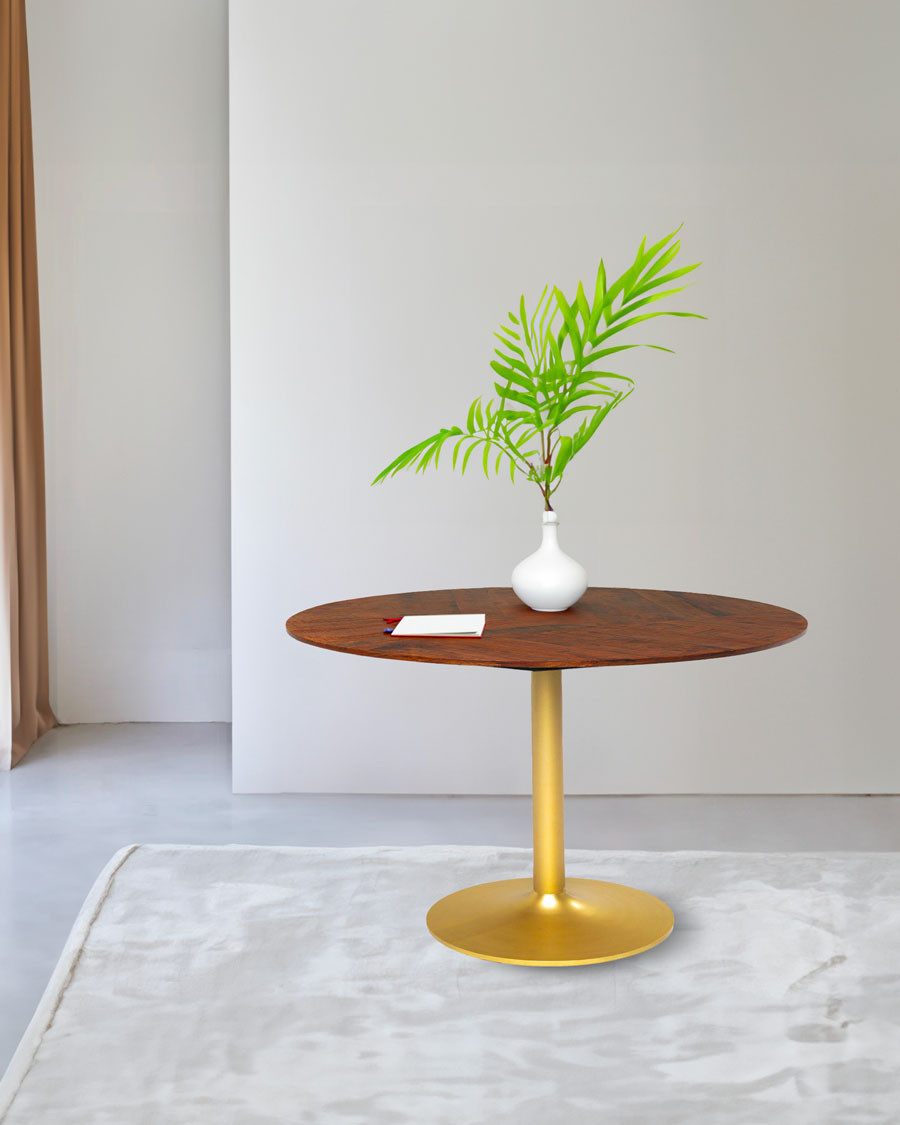 Praga - Mesa de comedor redonda de madera maciza con base de tulipán dorado D110 cm 6 personas