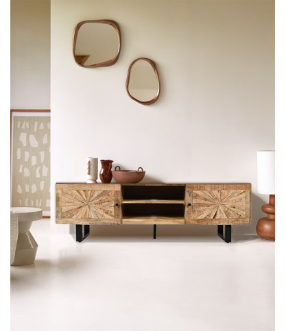 Sunet - Meuble TV en bois massif et marbre blanc 160 cm